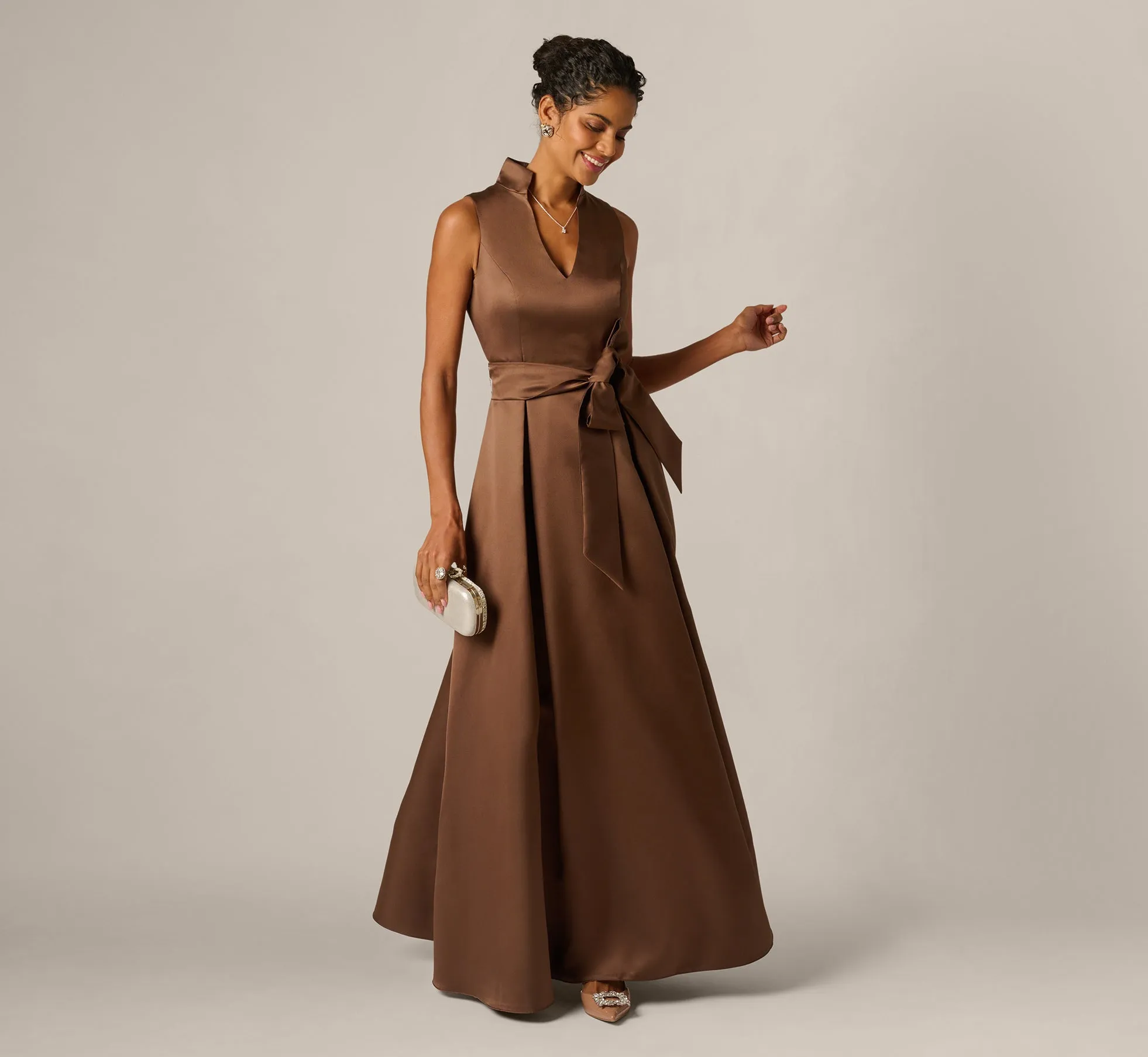 Sleeveless Queen Anne Tie Front Ballgown In Espresso sold by Adrianna Papell