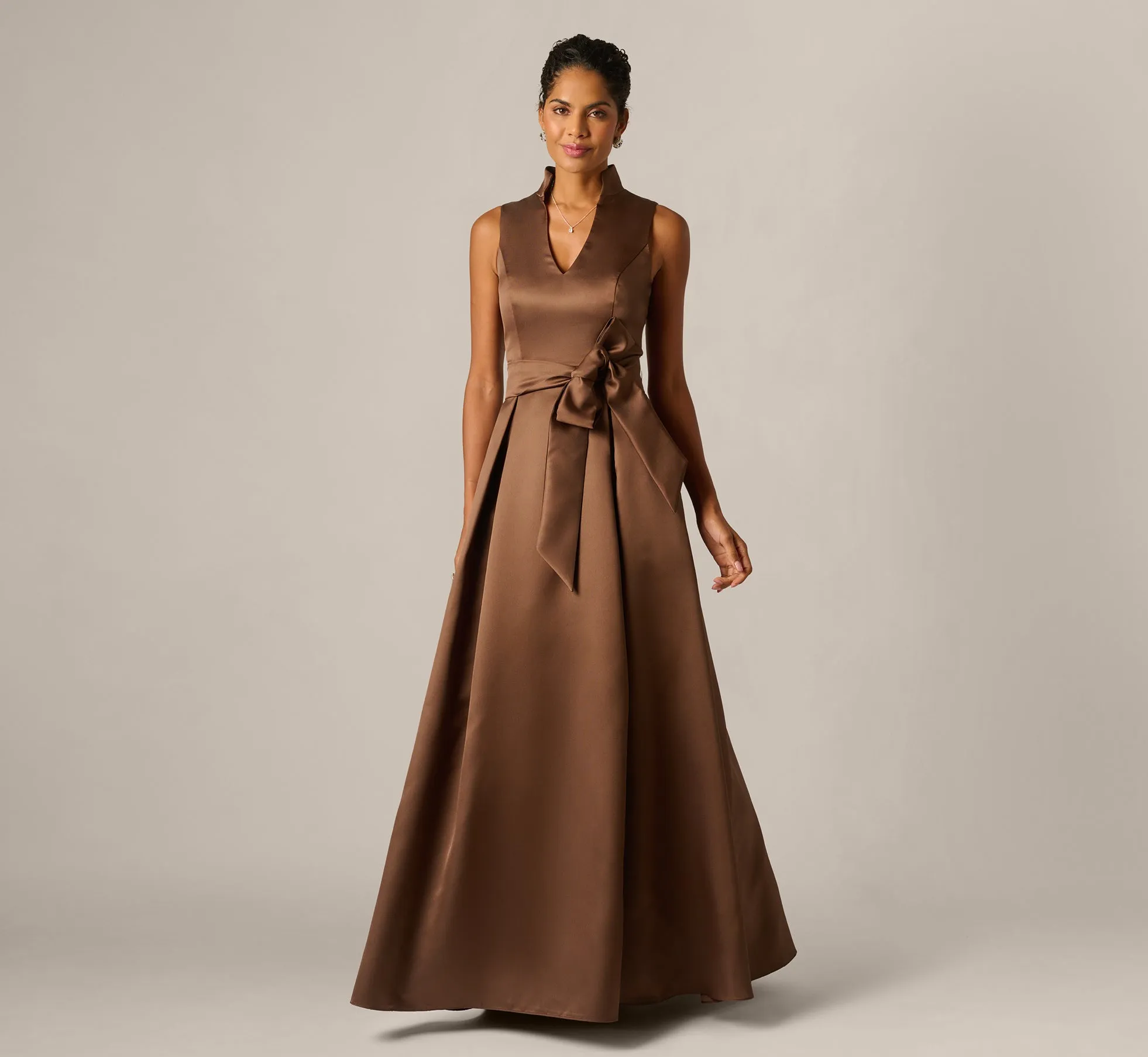 Sleeveless Queen Anne Tie Front Ballgown In Espresso sold by Adrianna Papell product image thumbnail 2