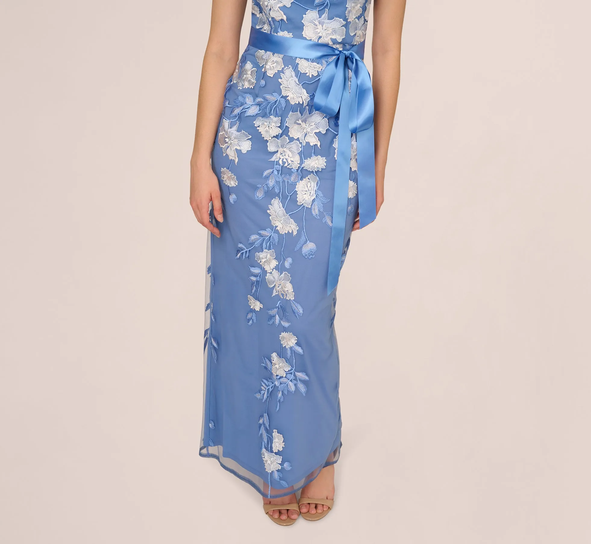 Short Sleeve Floral Embroidered Gown With Ribbon Tie Waist In French Blue Multi sold by Adrianna Papell product image thumbnail 4