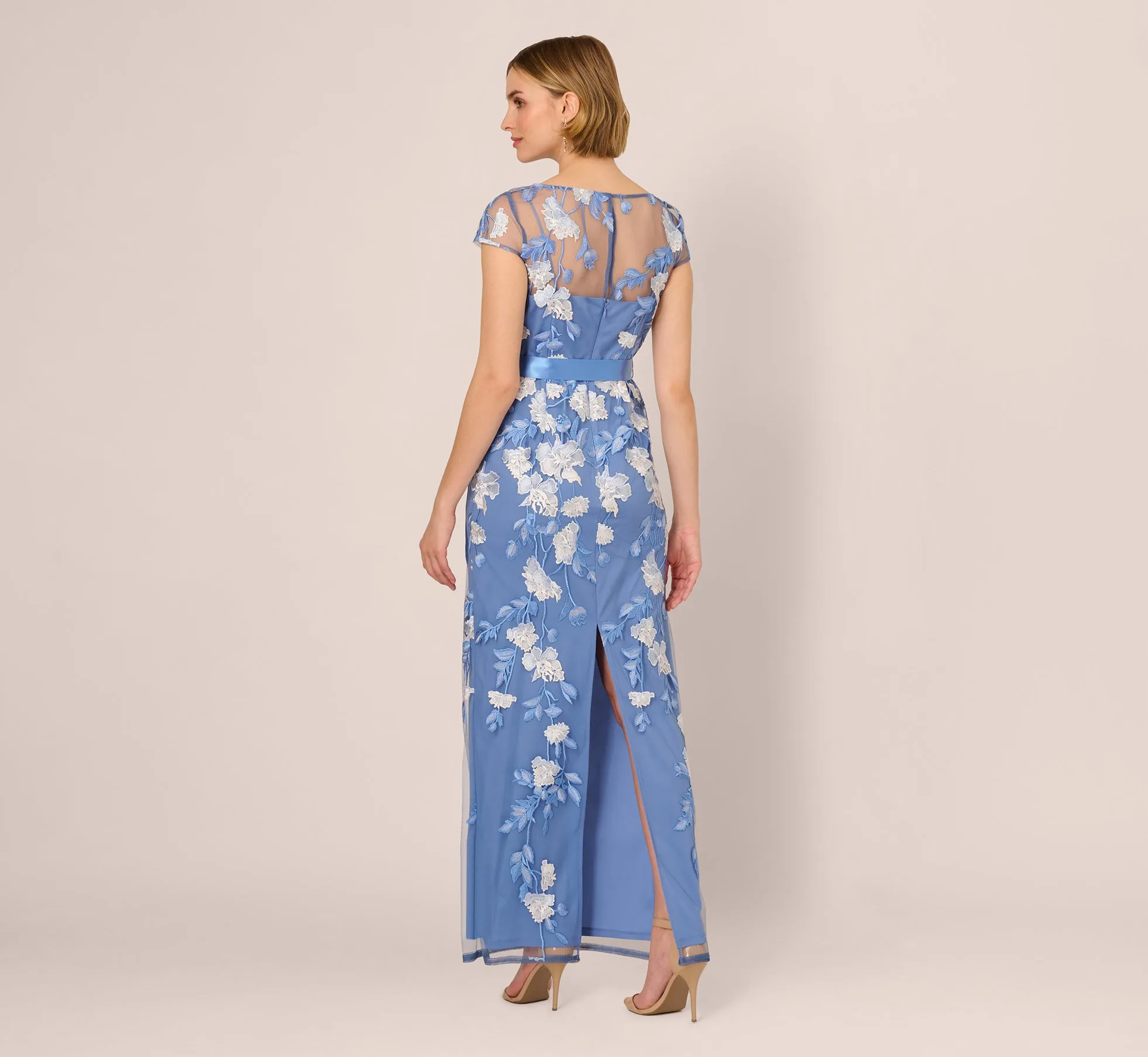Short Sleeve Floral Embroidered Gown With Ribbon Tie Waist In French Blue Multi sold by Adrianna Papell product image thumbnail 5