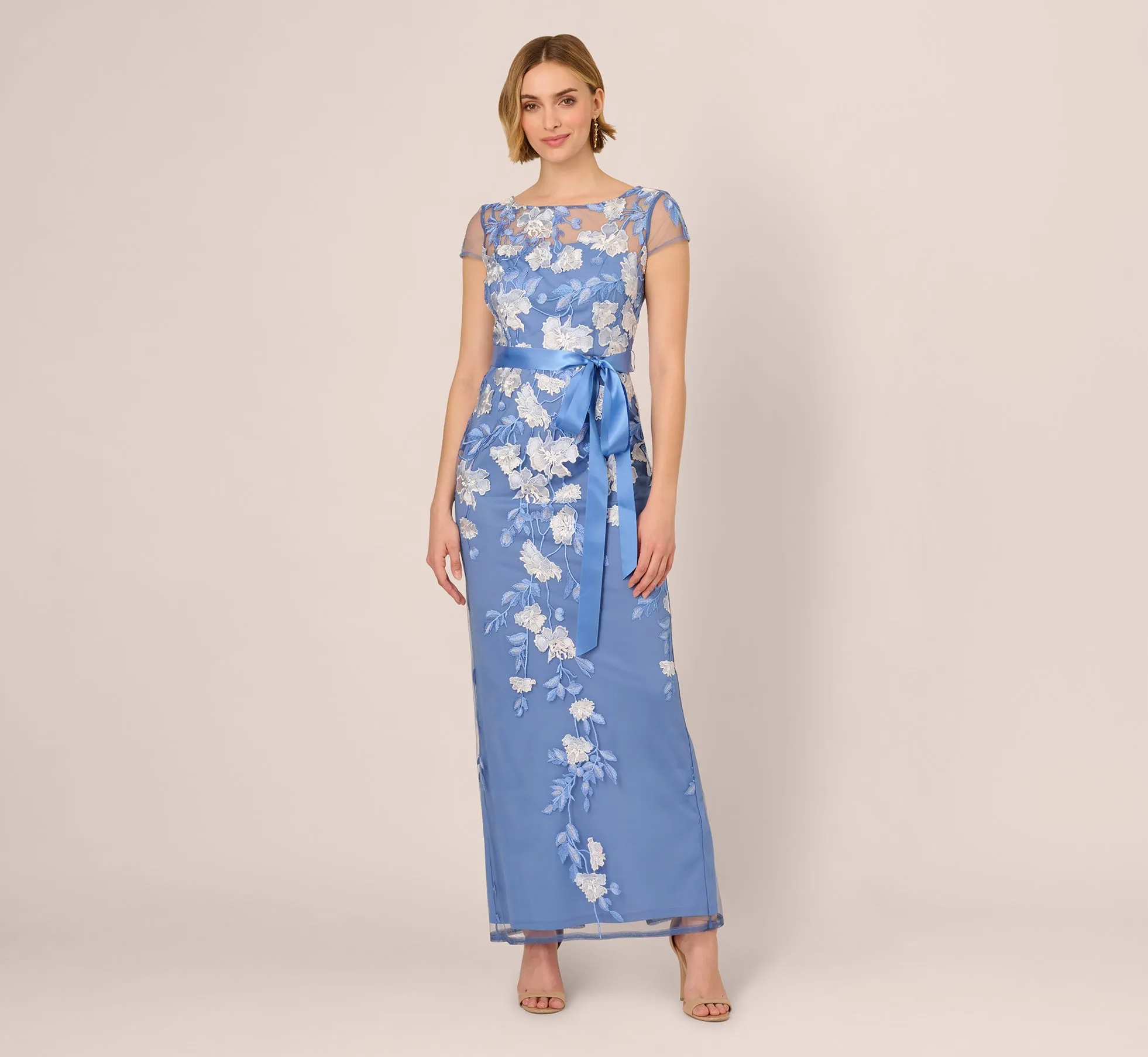 Short Sleeve Floral Embroidered Gown With Ribbon Tie Waist In French Blue Multi sold by Adrianna Papell product image thumbnail 2