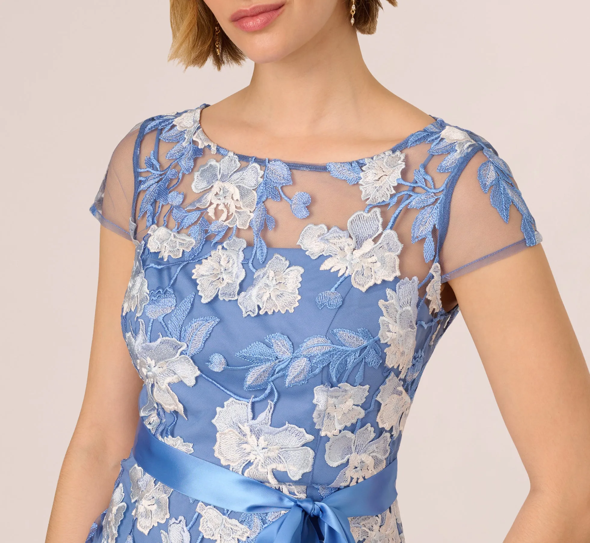 Short Sleeve Floral Embroidered Gown With Ribbon Tie Waist In French Blue Multi sold by Adrianna Papell product image thumbnail 3