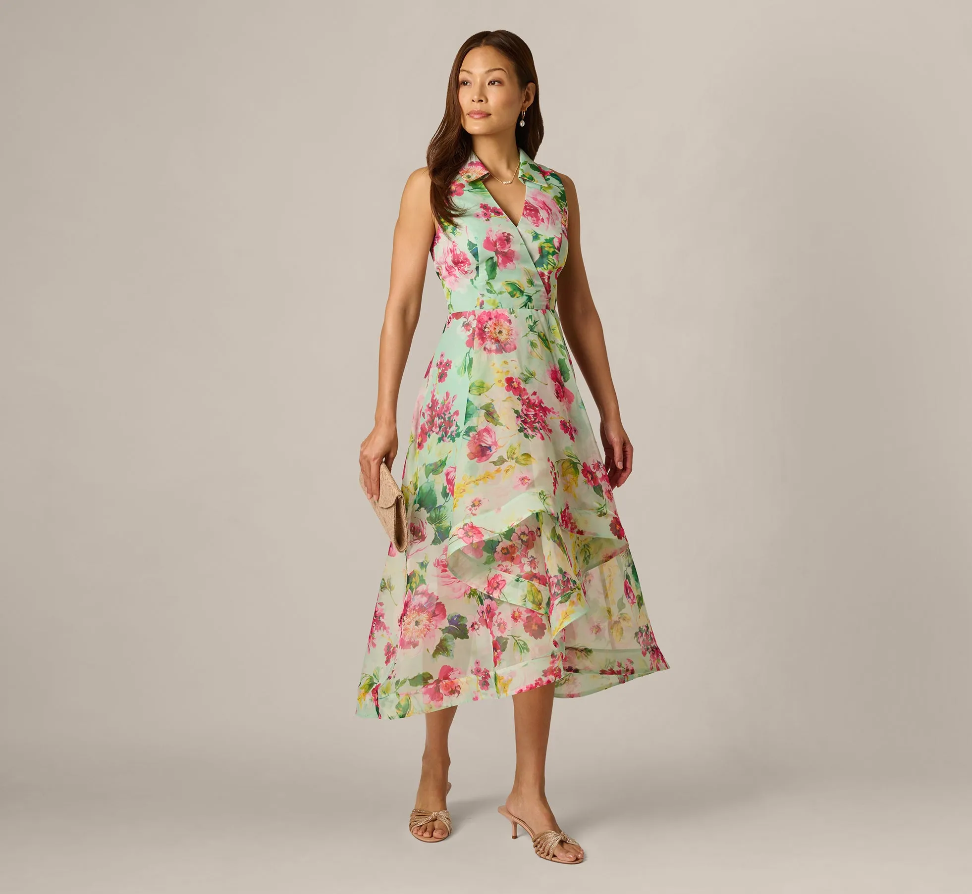 Collared Floral Organza High Low Midi Dress In Mint Multi sold by Adrianna Papell