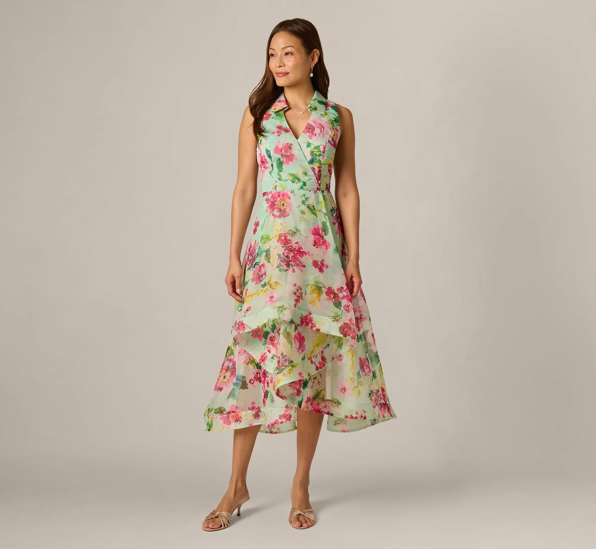 Collared Floral Organza High Low Midi Dress In Mint Multi sold by Adrianna Papell product image thumbnail 2
