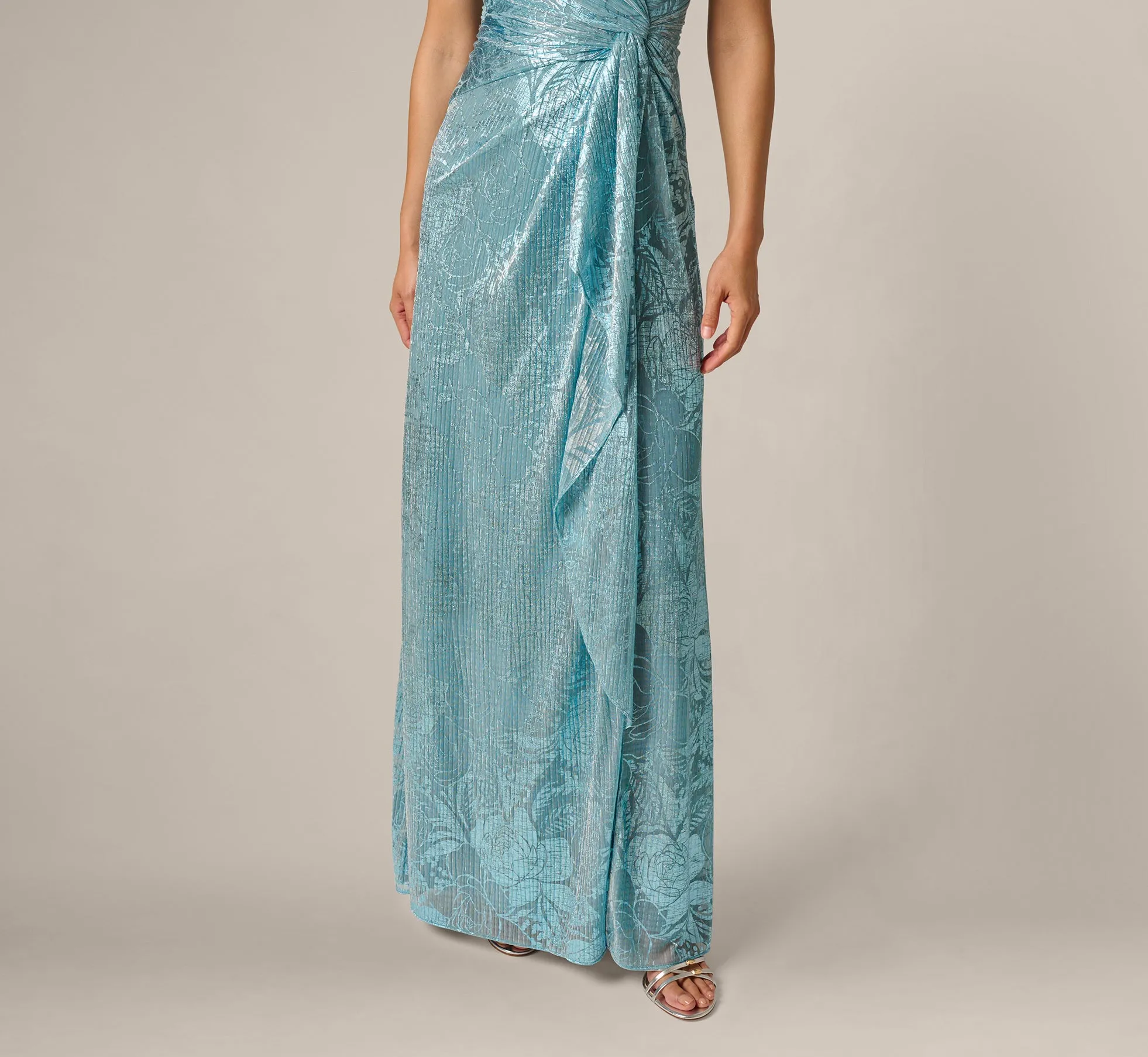 Crinkle Metallic Floral Draped Gown In Blue sold by Adrianna Papell product image thumbnail 4