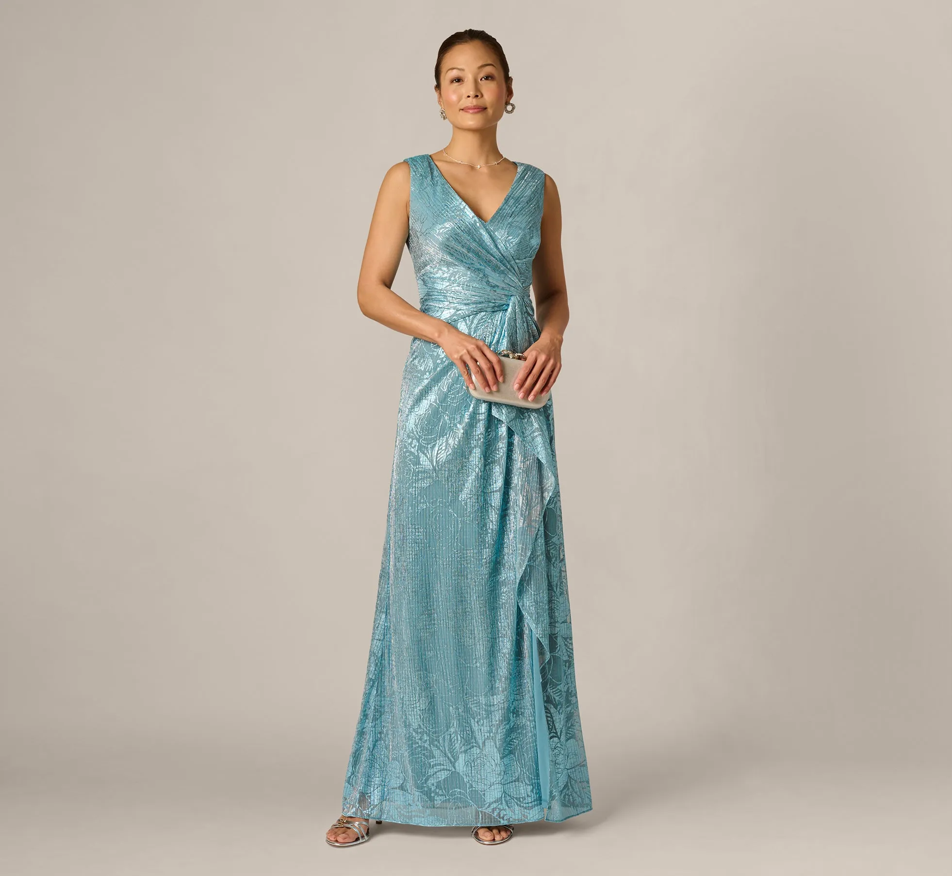 Crinkle Metallic Floral Draped Gown In Blue sold by Adrianna Papell