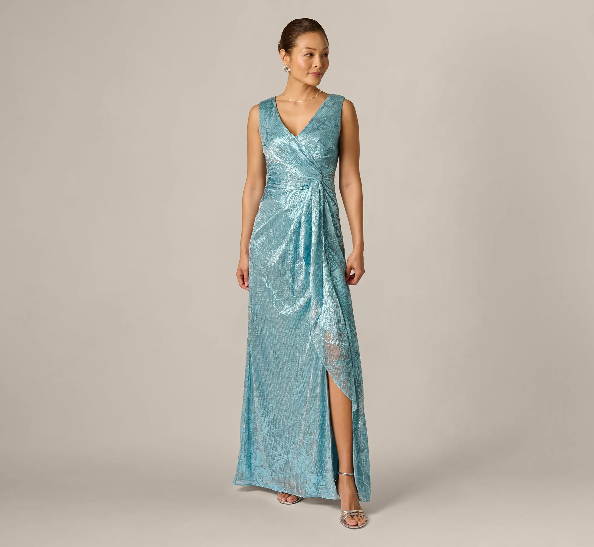 Crinkle Metallic Floral Draped Gown In Blue sold by Adrianna Papell product image thumbnail 2