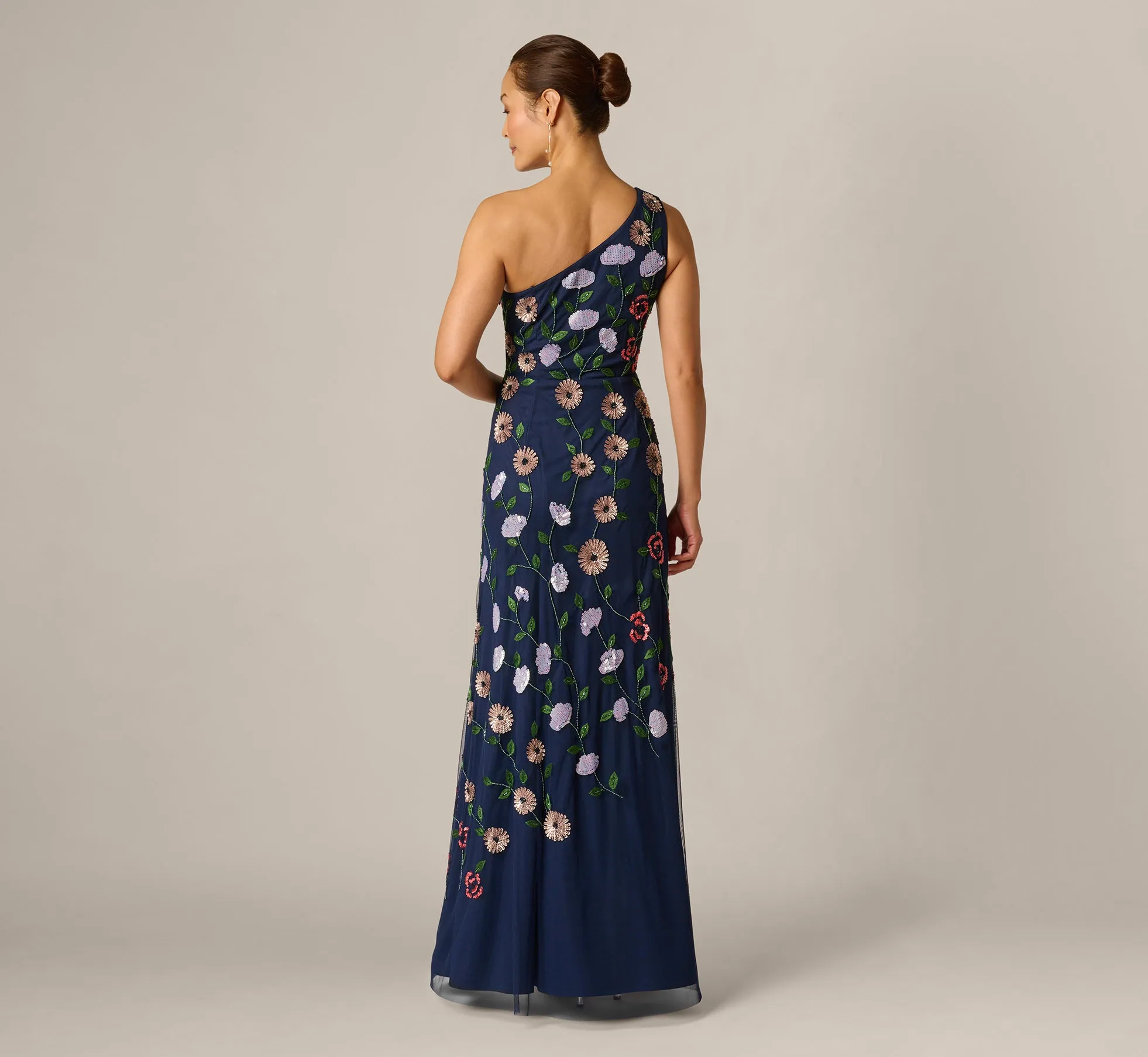 One Shoulder Floral Garden Beaded Gown In Navy Multi sold by Adrianna Papell product image thumbnail 5
