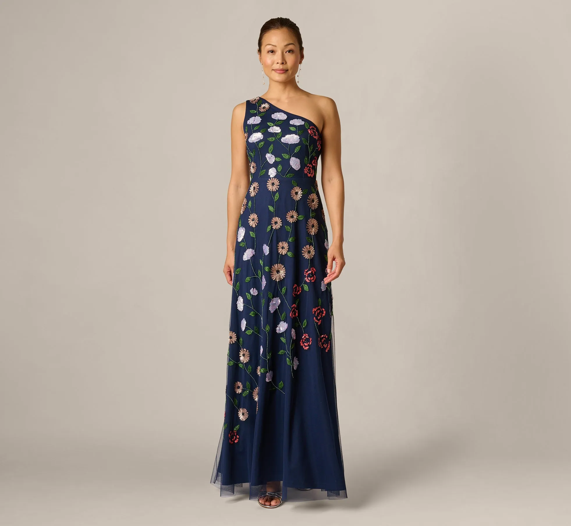 One Shoulder Floral Garden Beaded Gown In Navy Multi sold by Adrianna Papell product image thumbnail 2