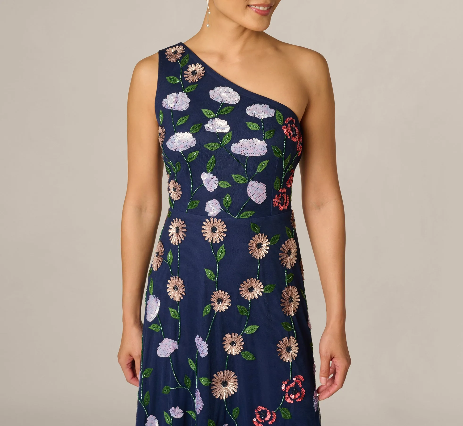 One Shoulder Floral Garden Beaded Gown In Navy Multi sold by Adrianna Papell product image thumbnail 3