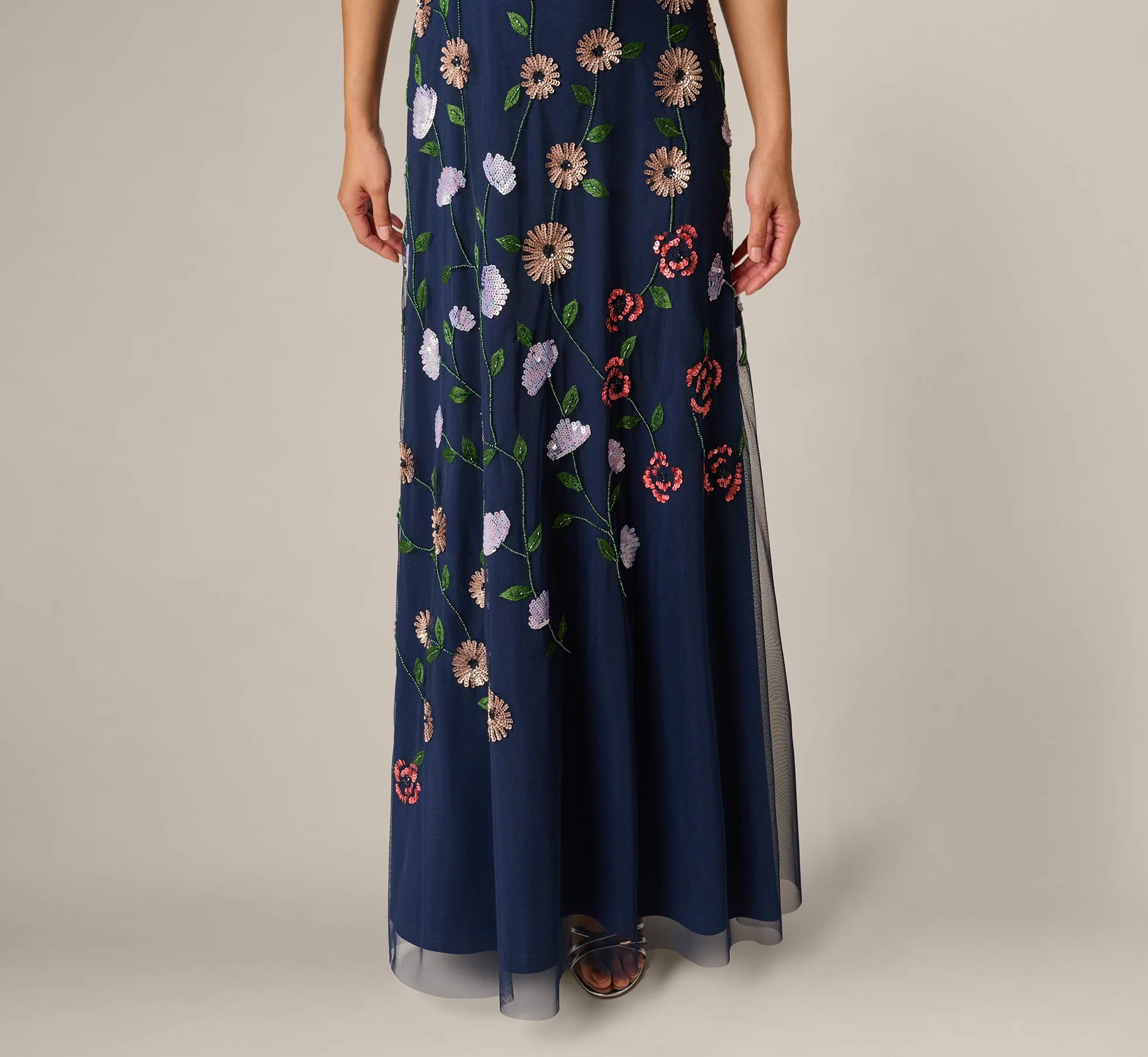 One Shoulder Floral Garden Beaded Gown In Navy Multi sold by Adrianna Papell product image thumbnail 4