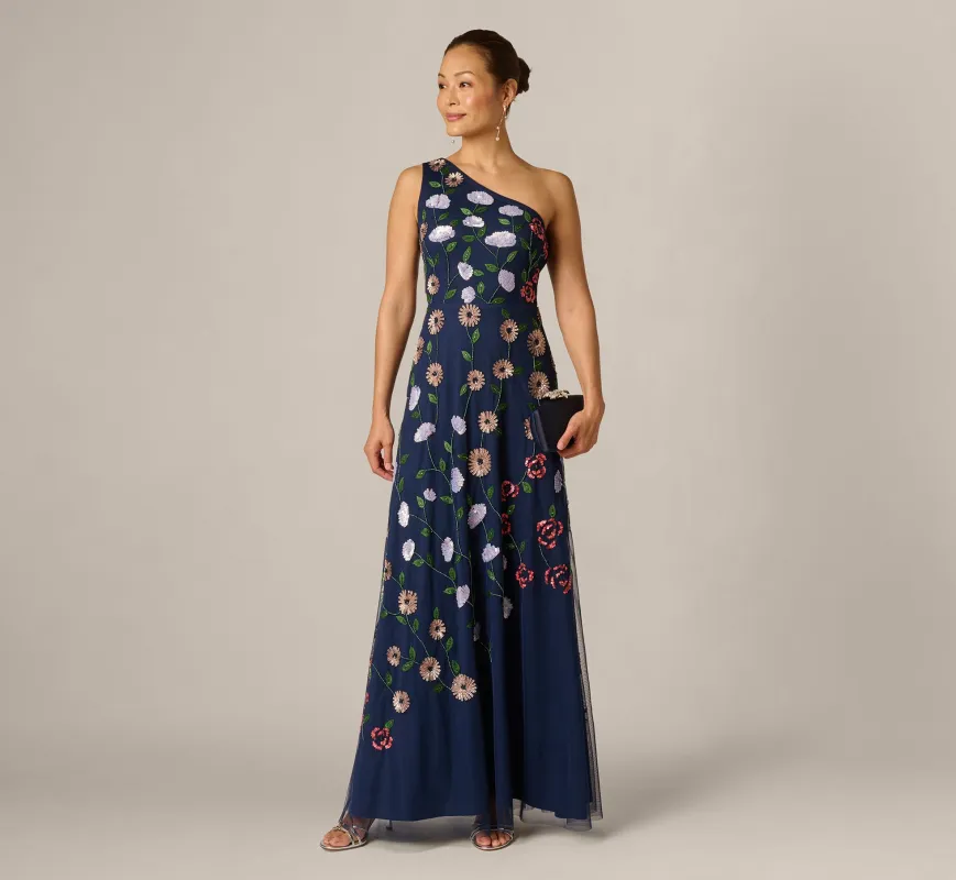 One Shoulder Floral Garden Beaded Gown In Navy Multi made by Adrianna Papell