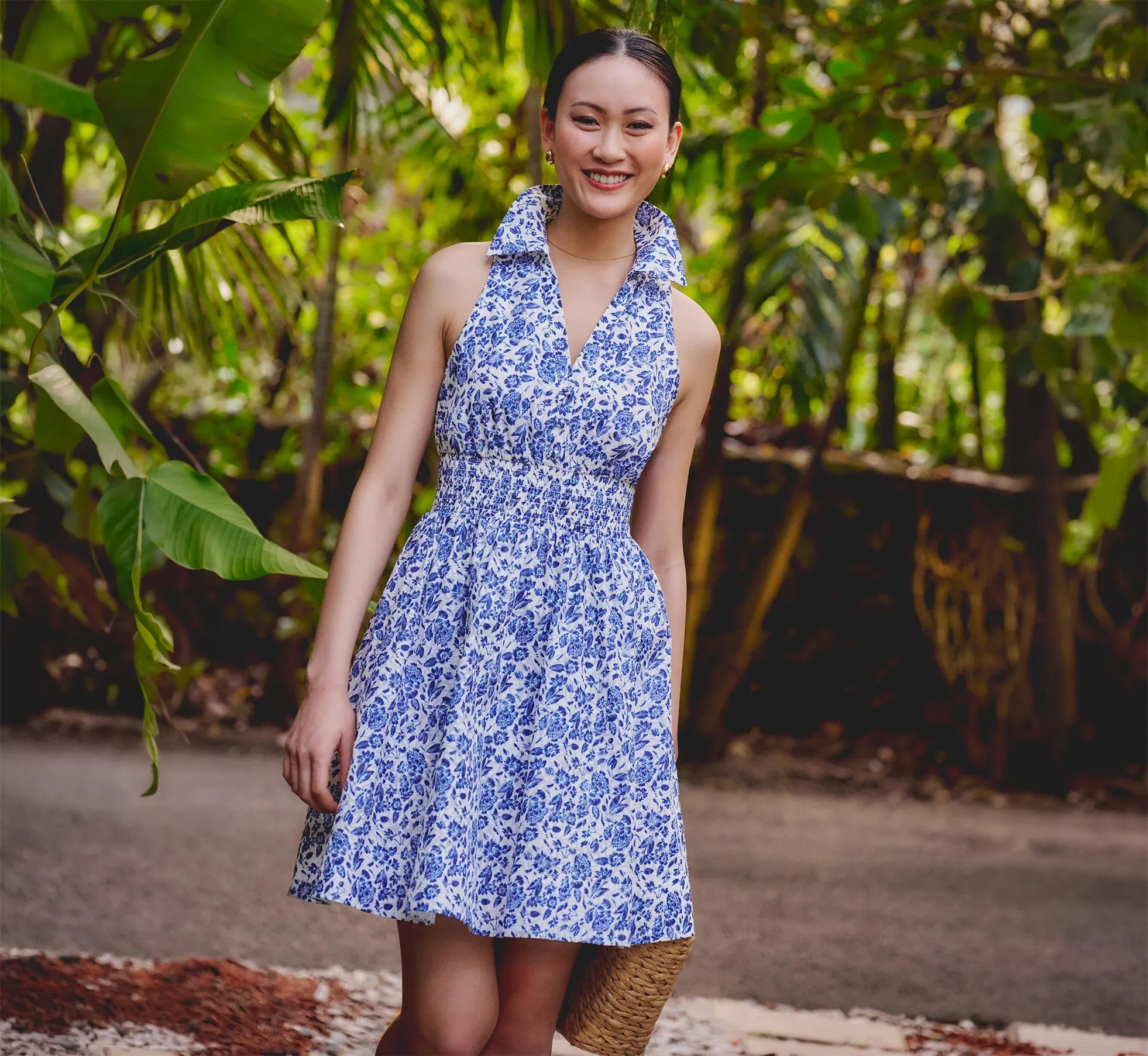 Floral Smocked Waist Short Dress In Ivory Blue Multi sold by Adrianna Papell