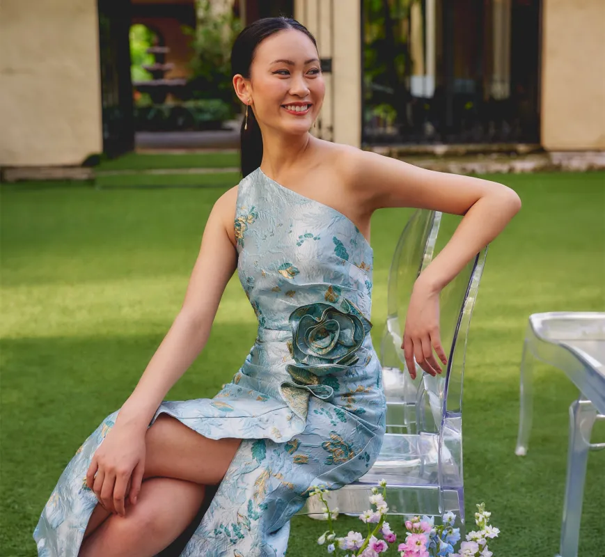 One Shoulder Floral Jacquard Rosette Gown In Blue Multi sold by Adrianna Papell