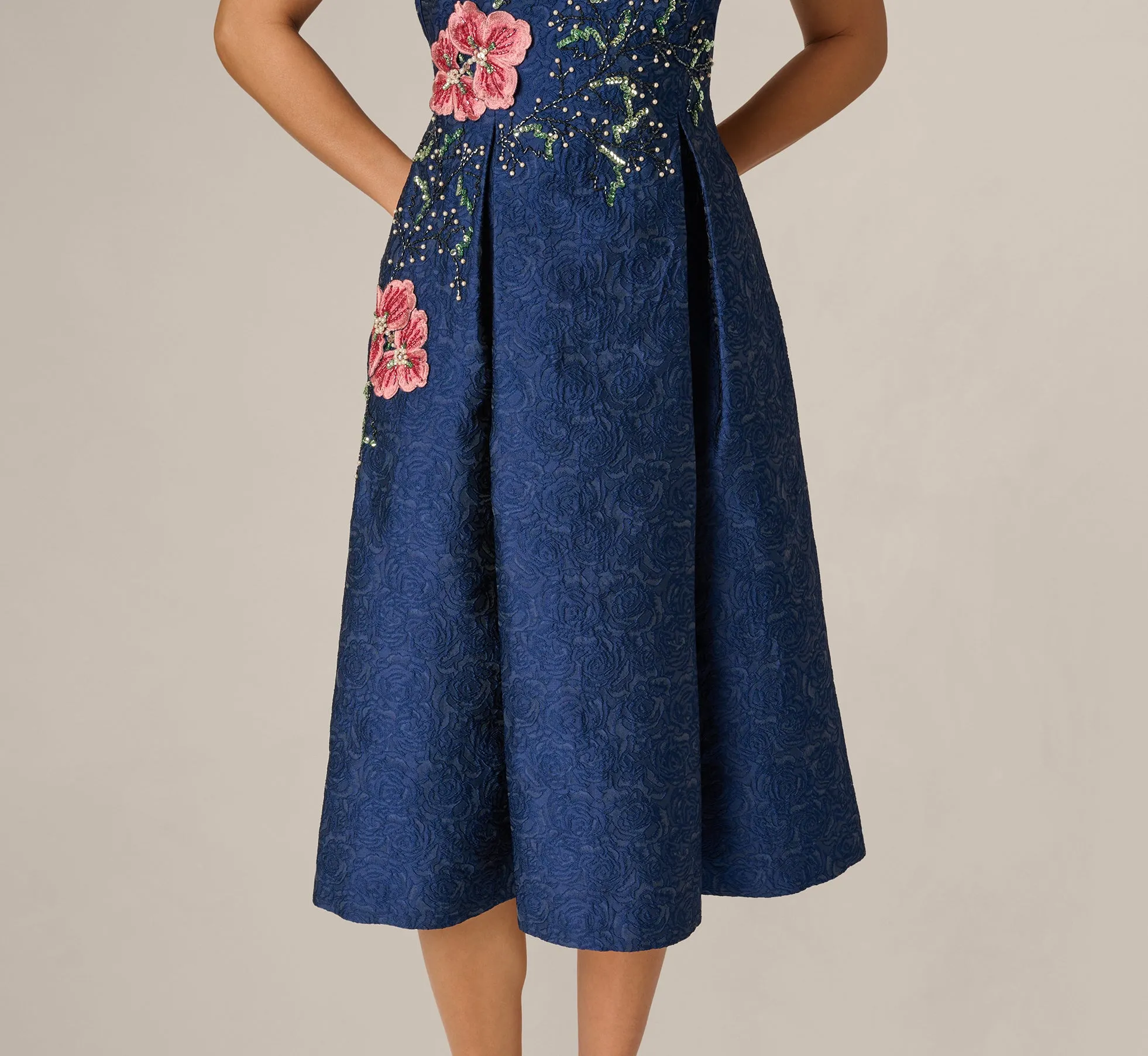 Jacquard Floral Beaded Fit And Flare Midi Dress In Midnight Multi sold by Adrianna Papell product image thumbnail 4