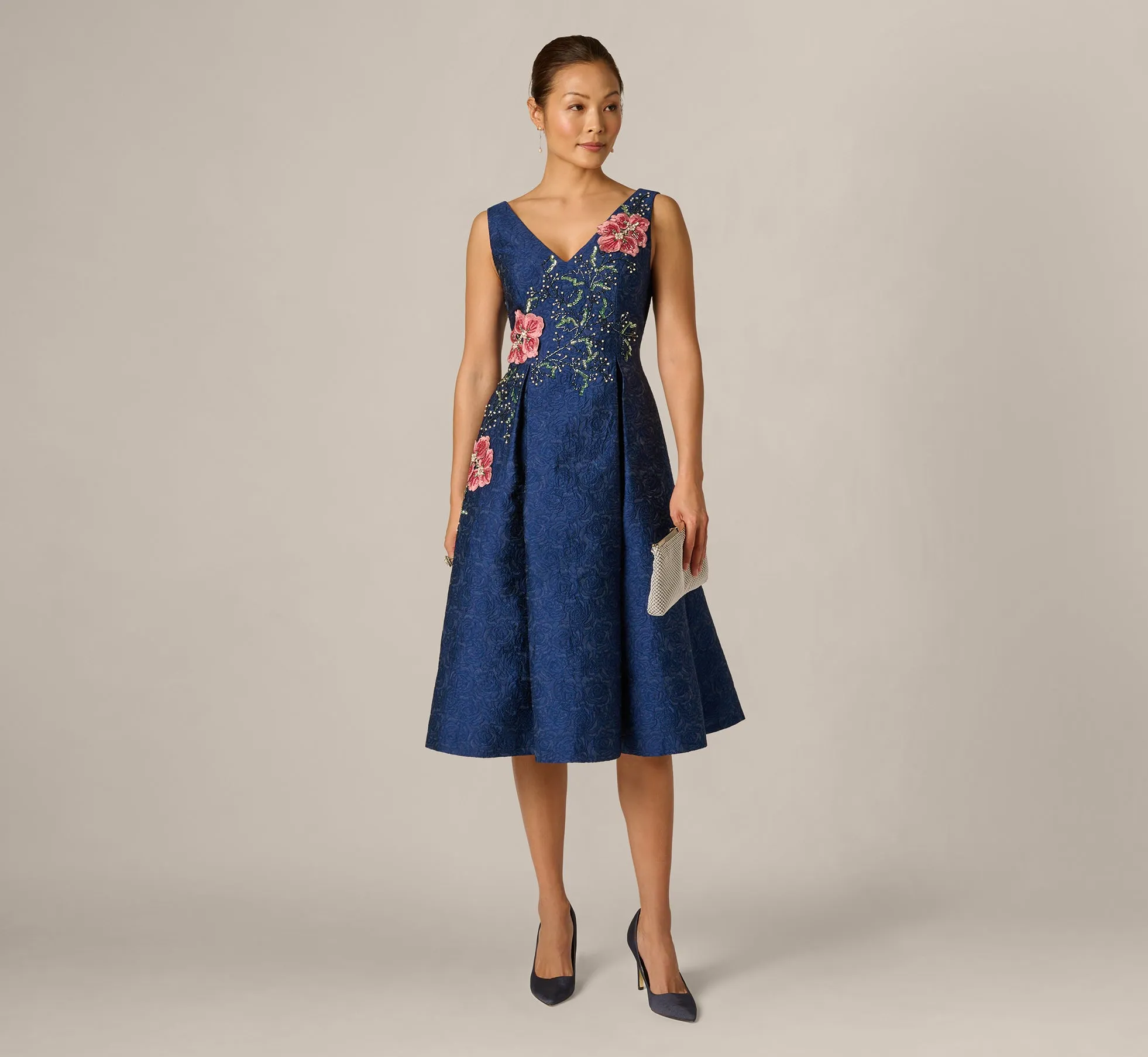 Jacquard Floral Beaded Fit And Flare Midi Dress In Midnight Multi sold by Adrianna Papell