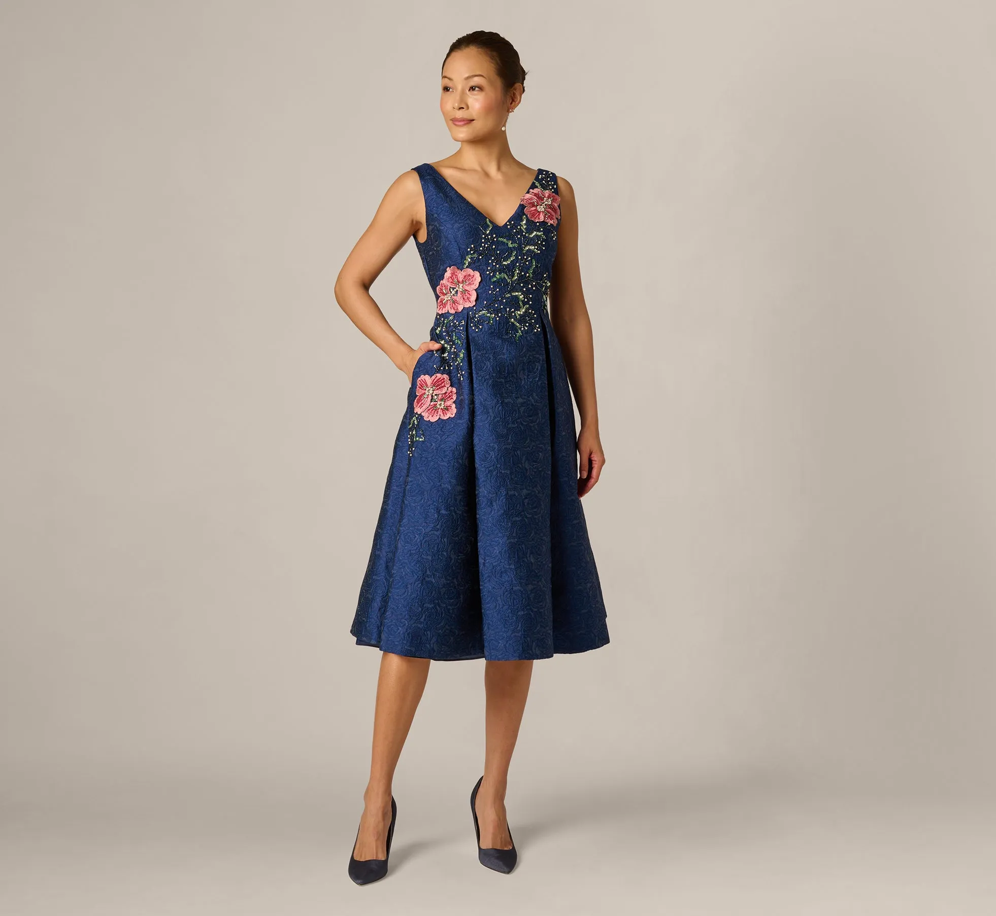 Jacquard Floral Beaded Fit And Flare Midi Dress In Midnight Multi sold by Adrianna Papell product image thumbnail 2