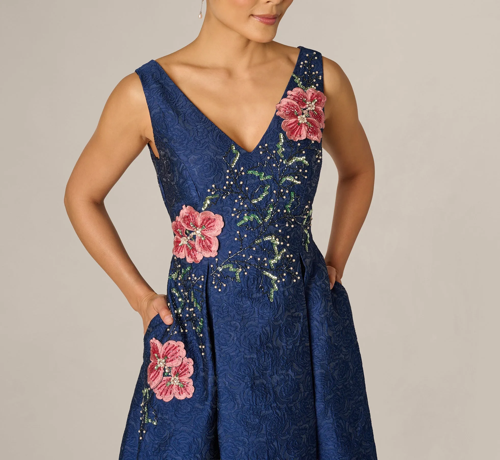 Jacquard Floral Beaded Fit And Flare Midi Dress In Midnight Multi sold by Adrianna Papell product image thumbnail 3