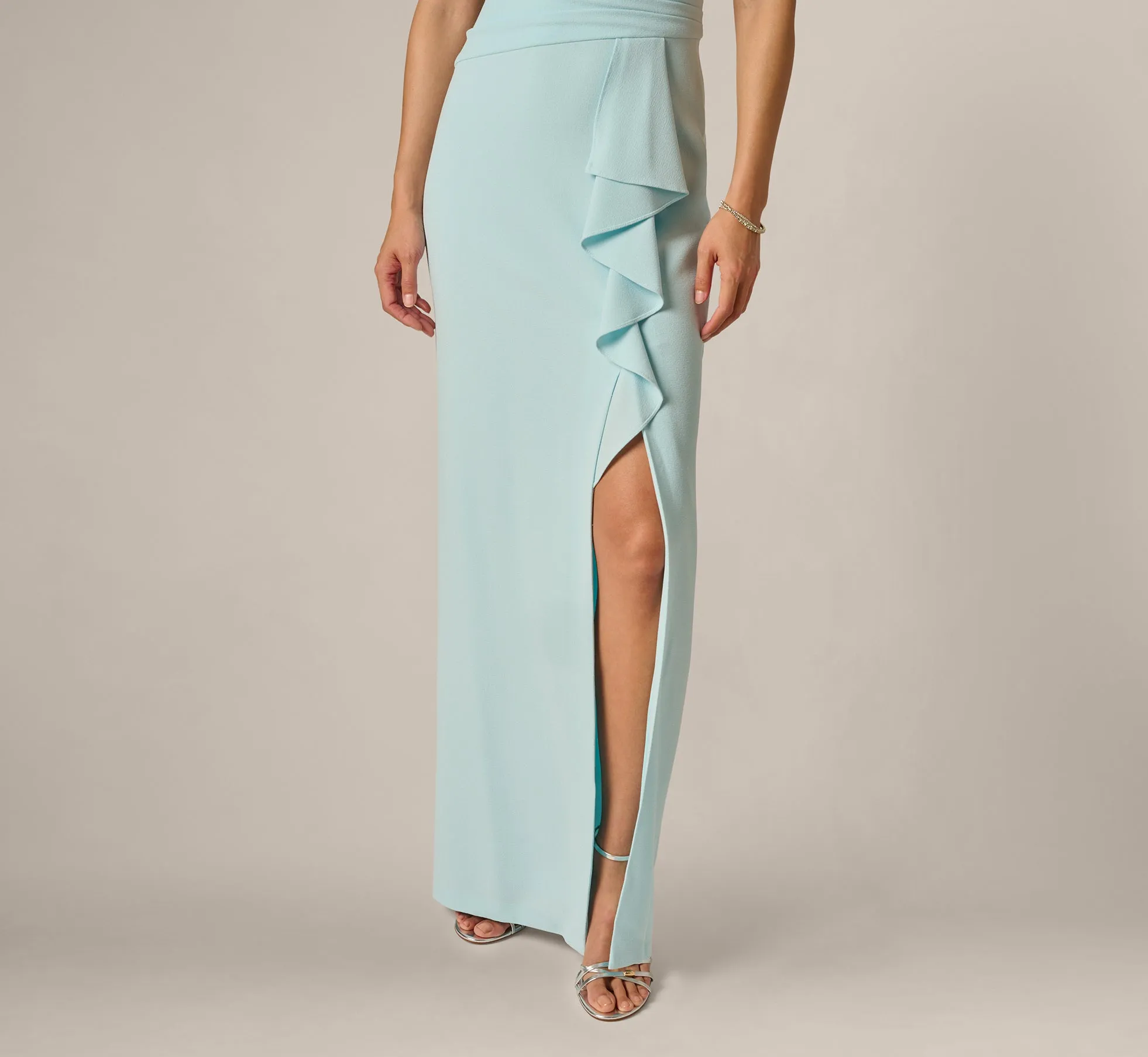 One Shoulder Draped Ruffle Stretch Gown In Clear Sky sold by Adrianna Papell product image thumbnail 4