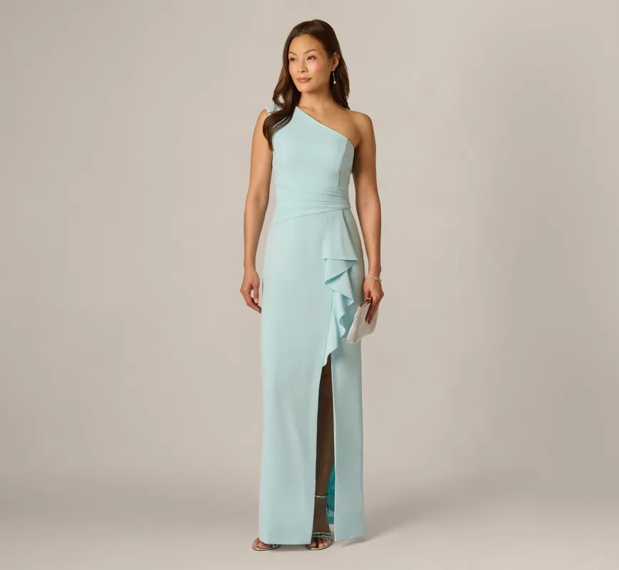 One Shoulder Draped Ruffle Stretch Gown In Clear Sky made by Adrianna Papell