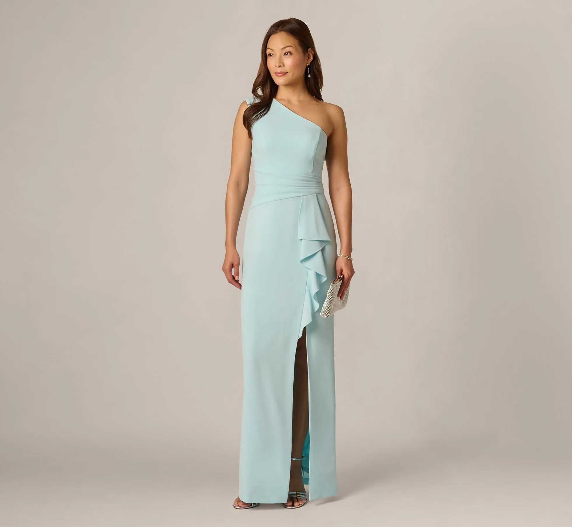 One Shoulder Draped Ruffle Stretch Gown In Clear Sky sold by Adrianna Papell