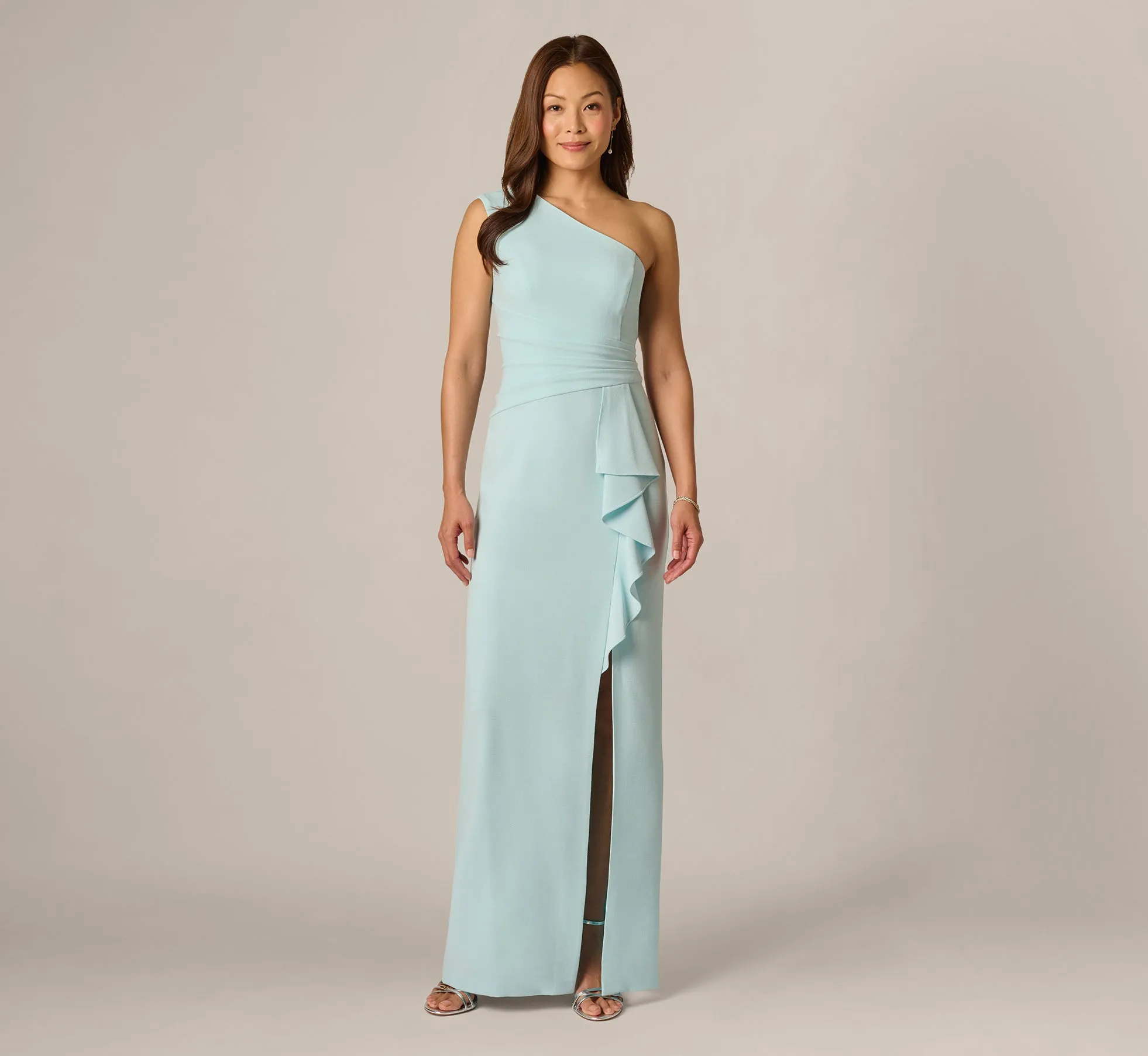One Shoulder Draped Ruffle Stretch Gown In Clear Sky sold by Adrianna Papell product image thumbnail 2