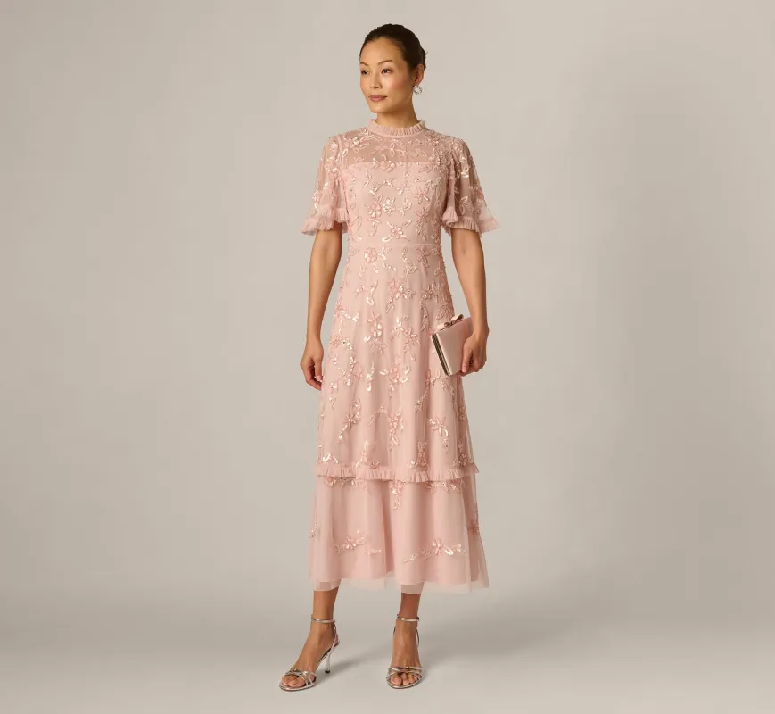 Flutter Sleeve Ruffle Floral Beaded Midi Dress In Blush Whisper sold by Adrianna Papell