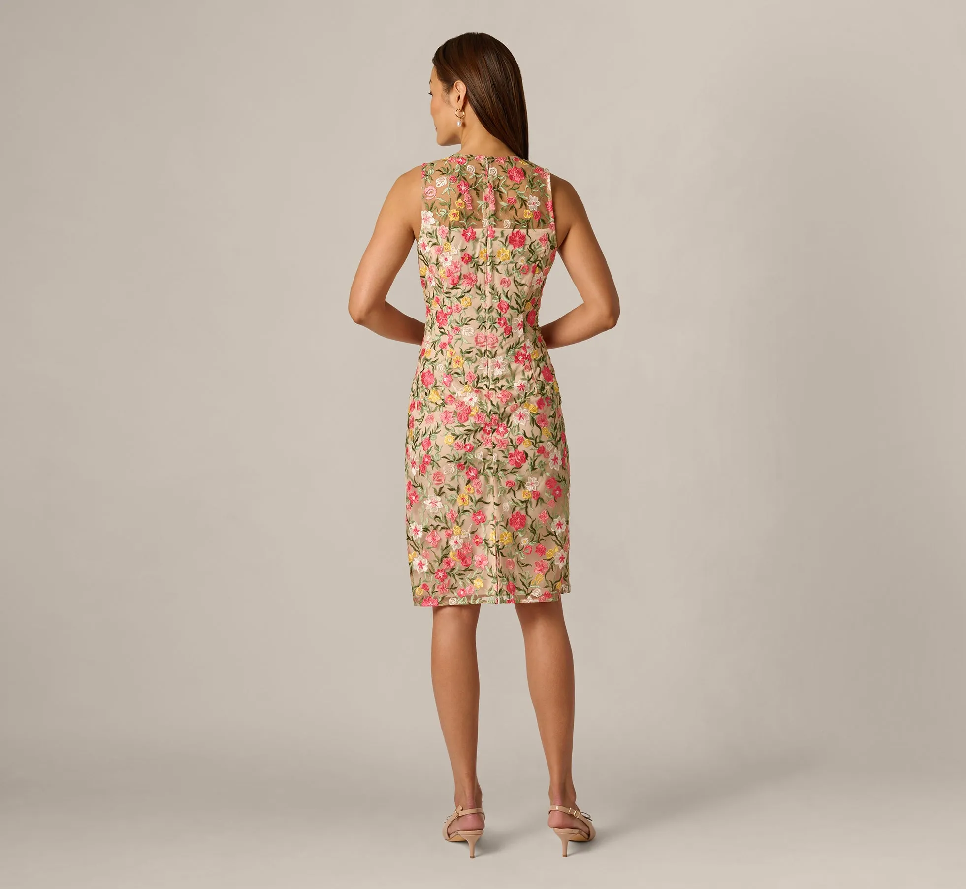 Floral Embroidered Illusion Sheath Dress In Coral Multi sold by Adrianna Papell product image thumbnail 5