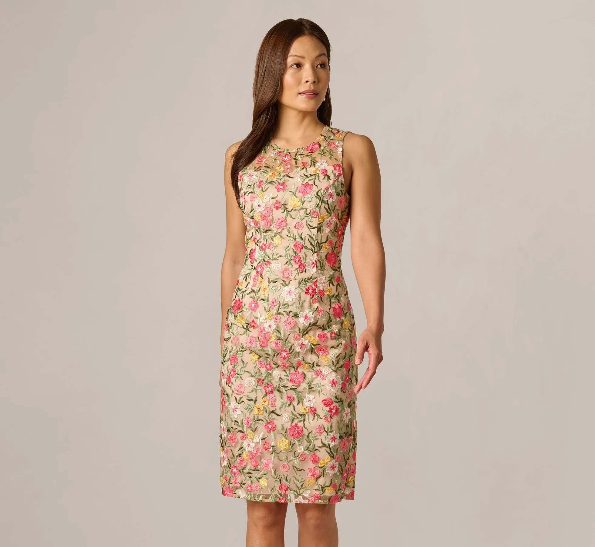 Floral Embroidered Illusion Sheath Dress In Coral Multi sold by Adrianna Papell product image thumbnail 2