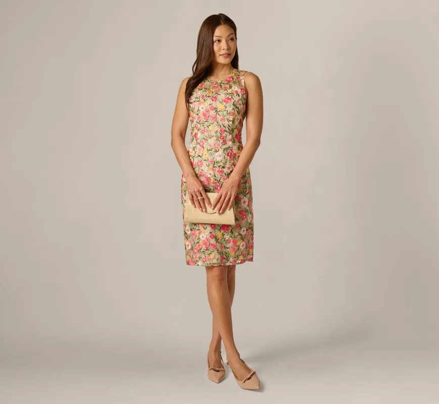 Floral Embroidered Illusion Sheath Dress In Coral Multi sold by Adrianna Papell