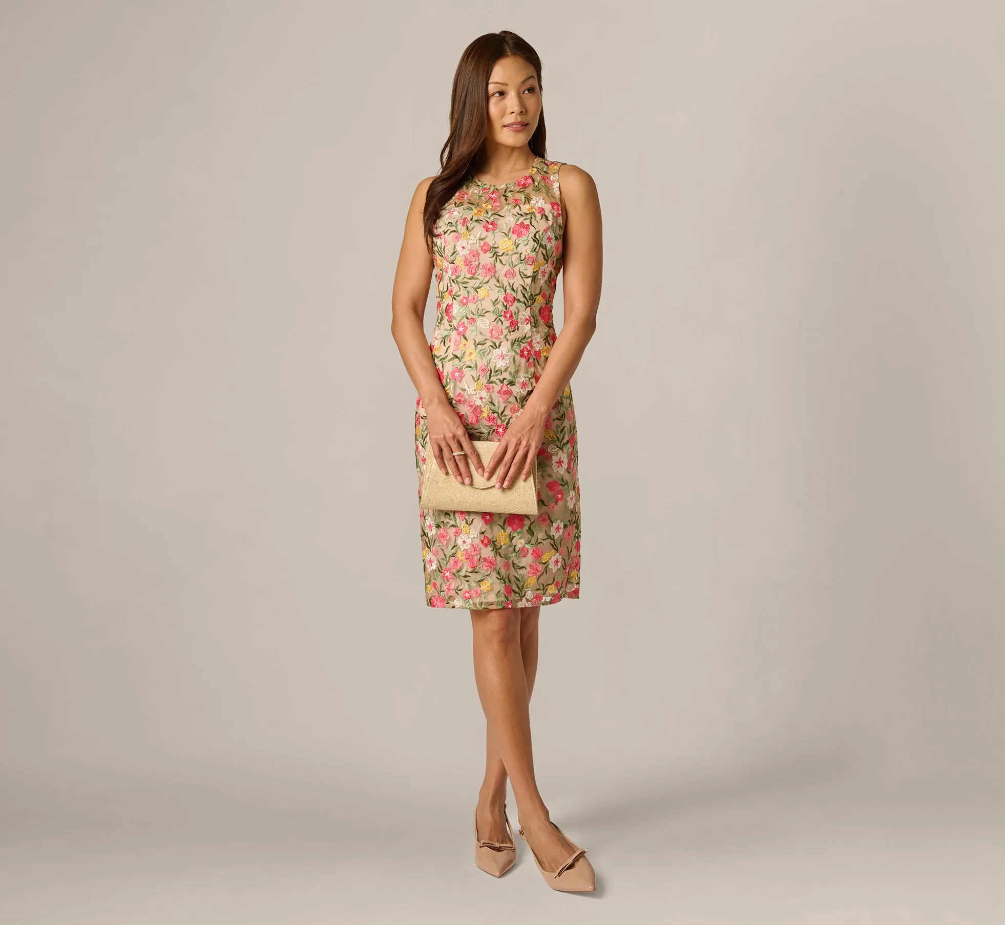 Floral Embroidered Illusion Sheath Dress In Coral Multi sold by Adrianna Papell