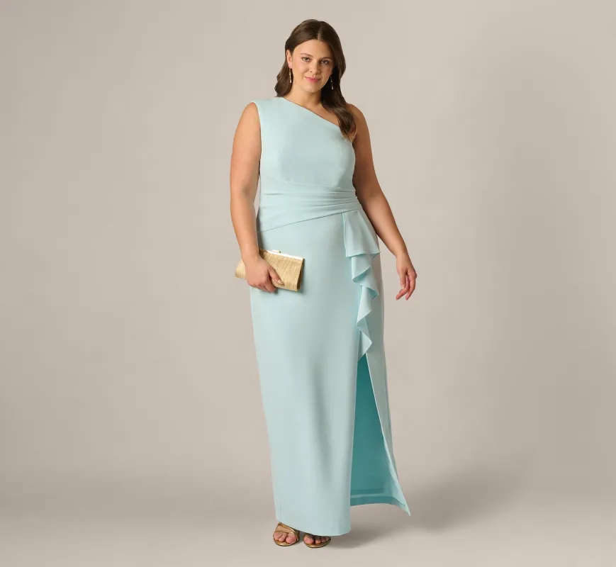 Plus Size One Shoulder Draped Ruffle Stretch Gown In Clear Sky sold by Adrianna Papell