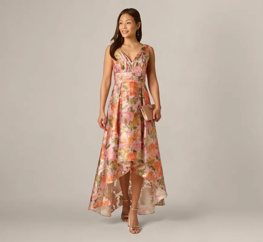 Metallic Floral Jacquard High Low Gown In Yellow Orange Multi made by Adrianna Papell