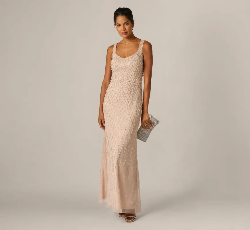 Diamond Beaded Mermaid Gown In Shell sold by Adrianna Papell