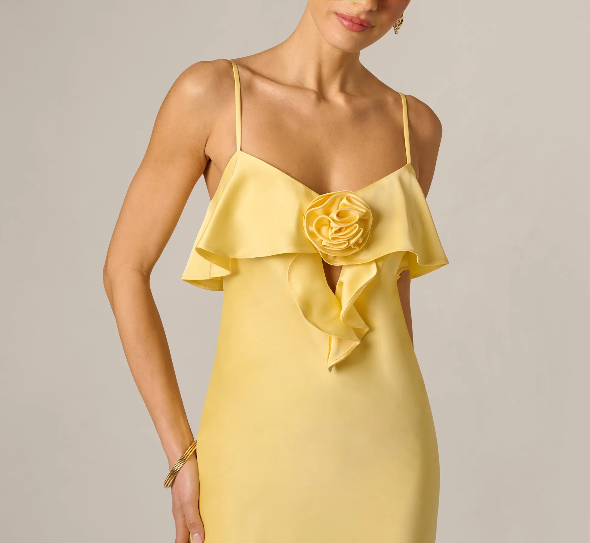 Stretch Satin Flounce Rosette Slip Gown In Butter Yellow sold by Adrianna Papell product image thumbnail 3