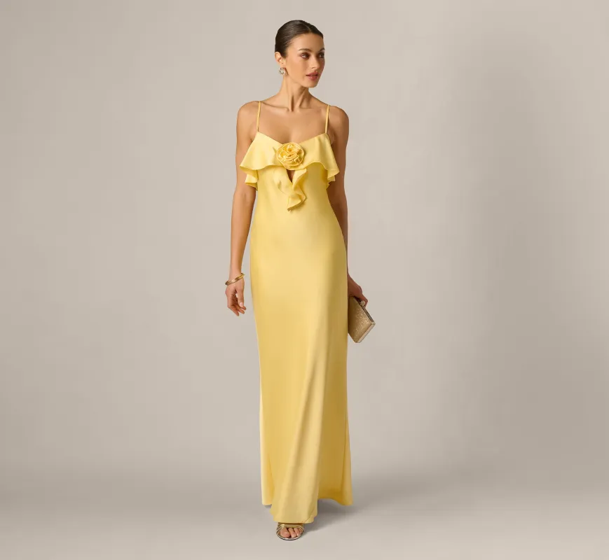 Stretch Satin Flounce Rosette Slip Gown In Butter Yellow made by Adrianna Papell