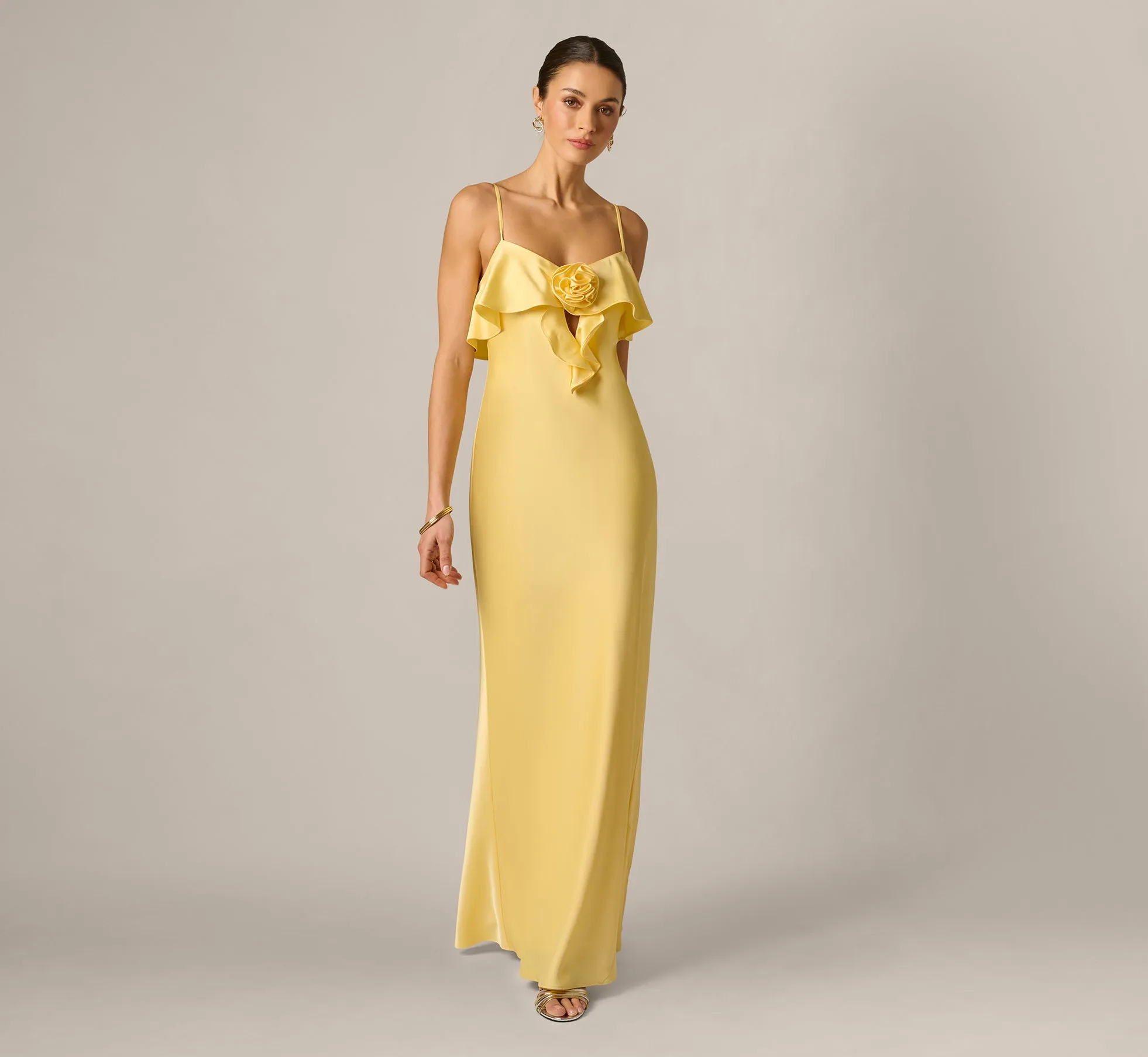 Stretch Satin Flounce Rosette Slip Gown In Butter Yellow sold by Adrianna Papell product image thumbnail 2