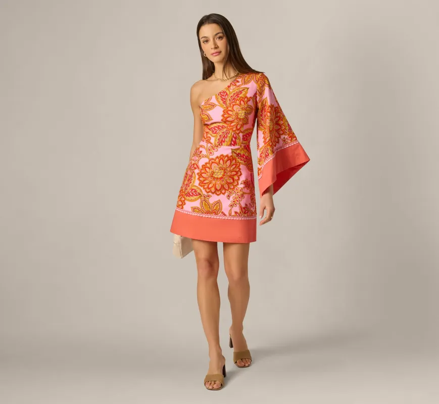 One Shoulder Bell Sleeve Paisley Short Dress In Pink Multi made by Adrianna Papell