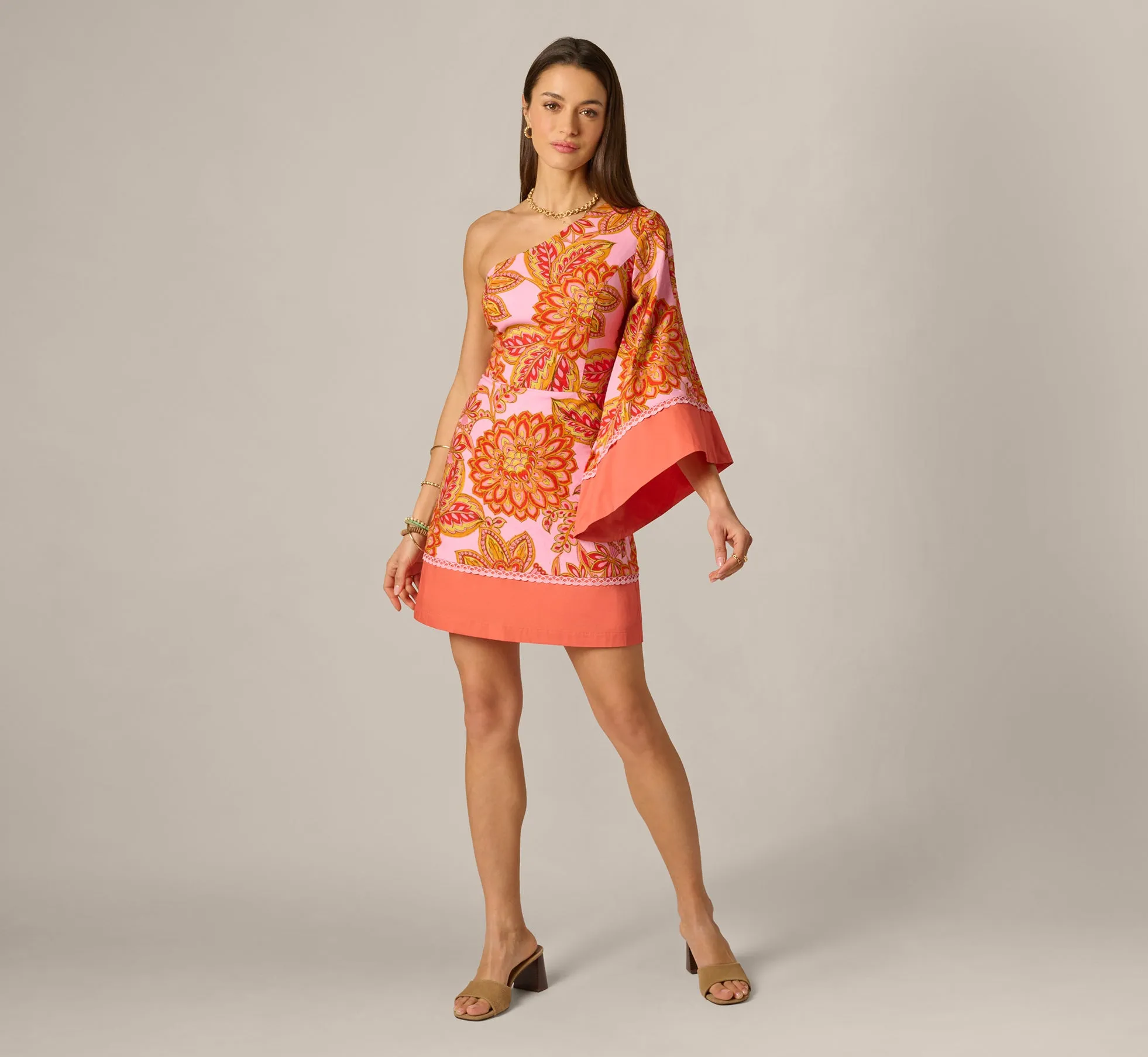 One Shoulder Bell Sleeve Paisley Short Dress In Pink Multi sold by Adrianna Papell product image thumbnail 2