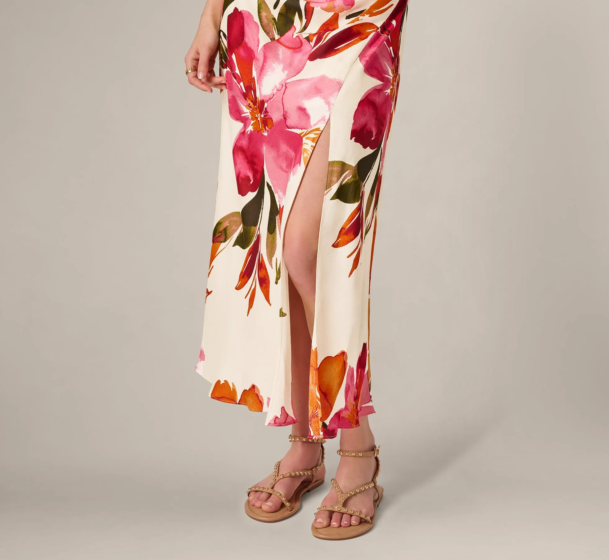 Floral Printed Satin Midi Halter Dress In Champagne Multi sold by Adrianna Papell product image thumbnail 5