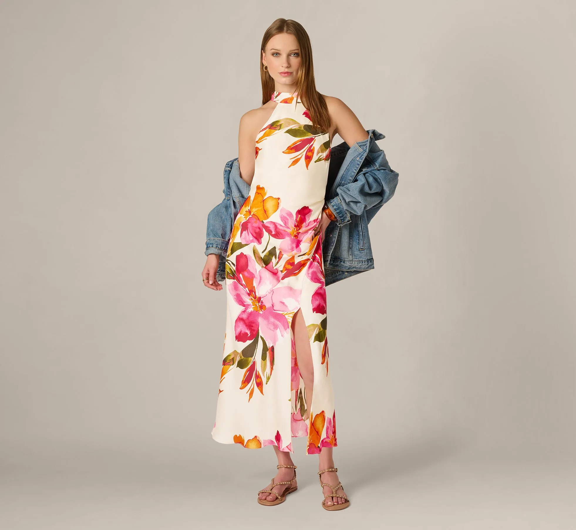 Floral Printed Satin Midi Halter Dress In Champagne Multi sold by Adrianna Papell product image thumbnail 2