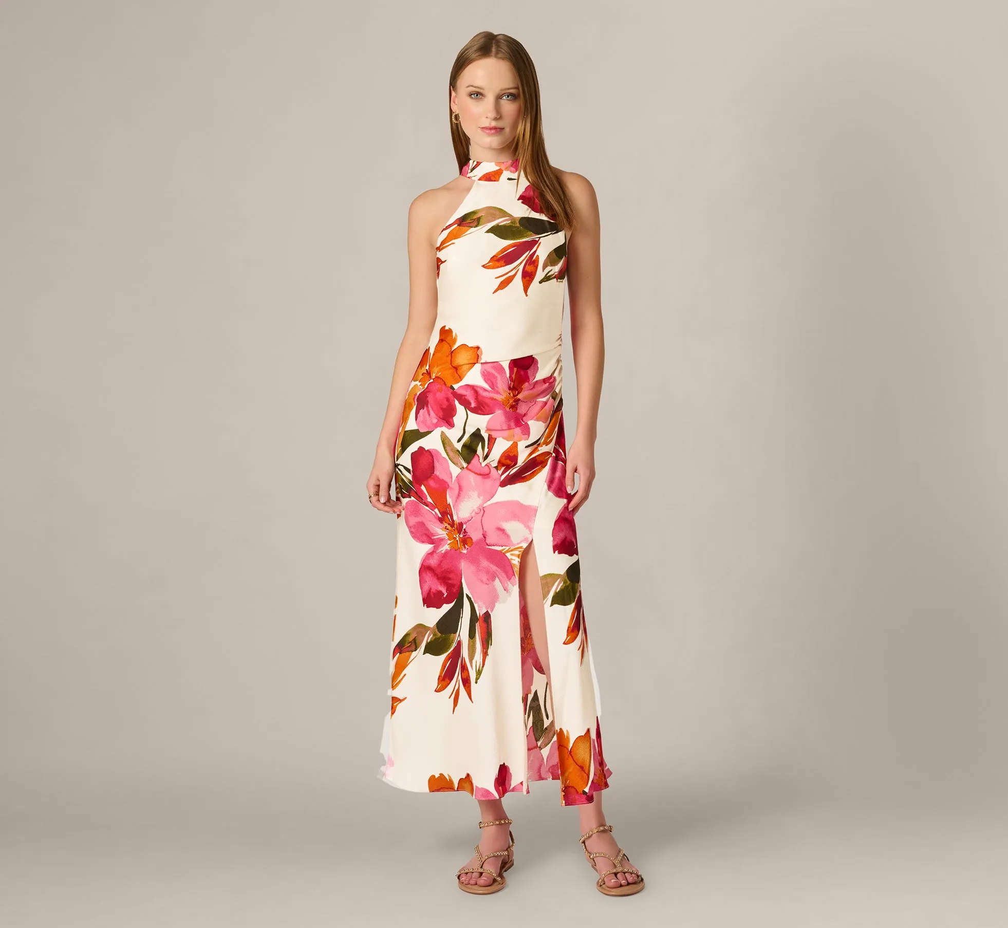 Floral Printed Satin Midi Halter Dress In Champagne Multi sold by Adrianna Papell product image thumbnail 3