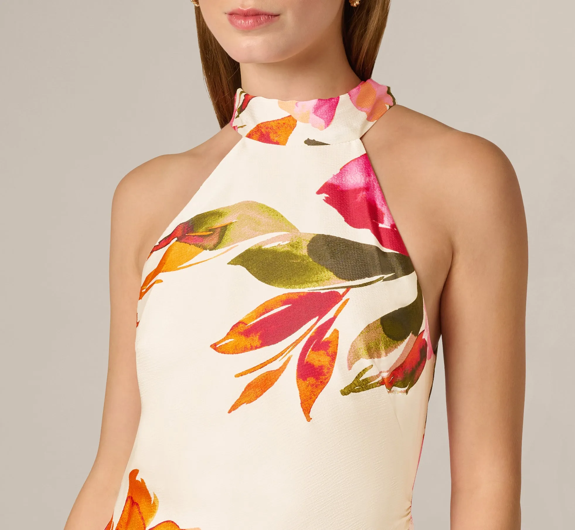 Floral Printed Satin Midi Halter Dress In Champagne Multi sold by Adrianna Papell product image thumbnail 4