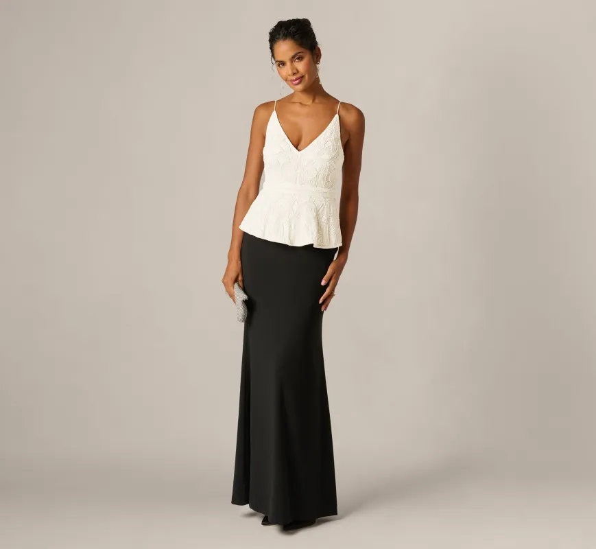 Pearly Beaded Peplum Combo Gown In Black Ivory made by Adrianna Papell