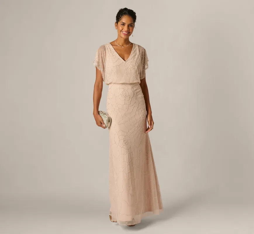 Short Sleeve Blouson Rose Floral Beaded Gown In Shell sold by Adrianna Papell