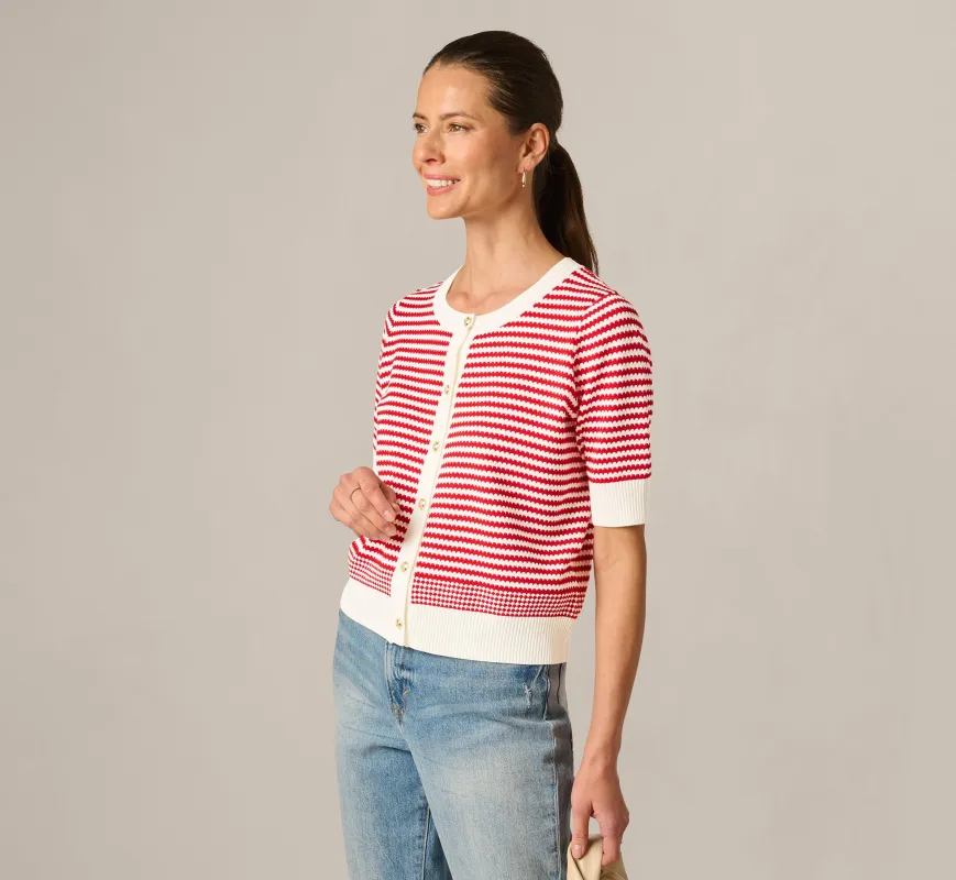Short Sleeve Metallic Button Cardigan Sweater In Ivory Red made by Adrianna Papell