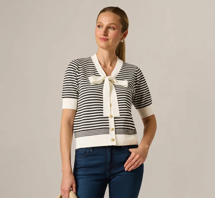 Short Sleeve Tie Neck Cardigan In Ivory Black made by Adrianna Papell