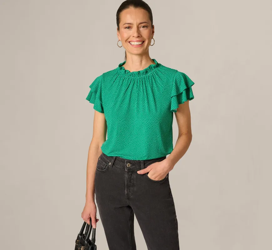 Double Flutter Sleeve Ruffle Neck Top In Vivid Green Broken Dot made by Adrianna Papell