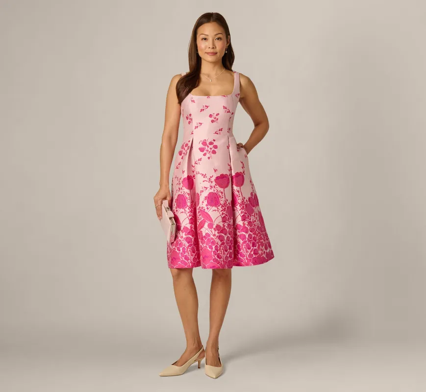 Square Neck Tulip Floral Border Jacquard Dress In Pink Multi made by Adrianna Papell