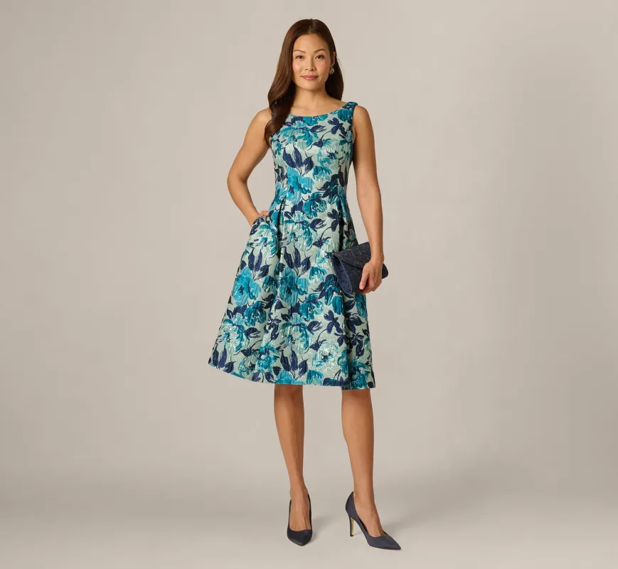 Metallic Floral Jacquard Boat Neck Fit And Flare In Blue Multi sold by Adrianna Papell